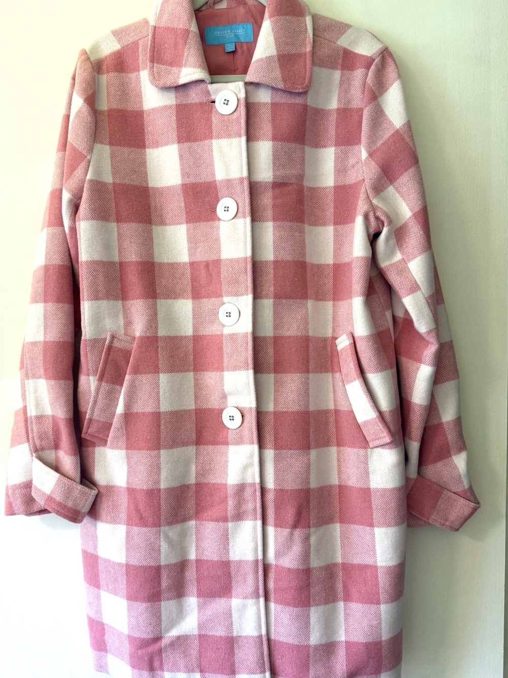 Draper James Pink and White Check Pea Coat L Never Worn